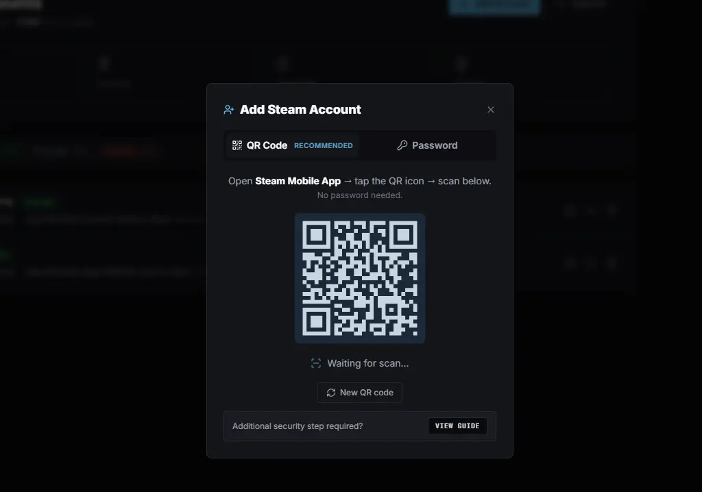 Add Account modal in the HourIdler dashboard showing QR login and password login tabs