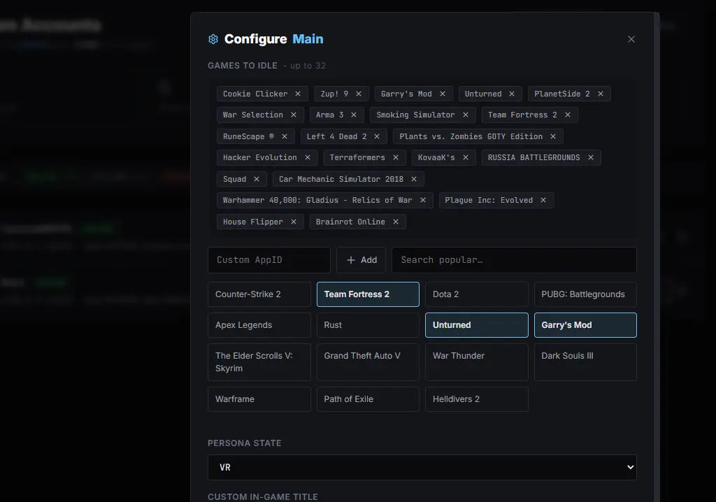 Per-account game picker - search Steam games and select up to 32 for rotation