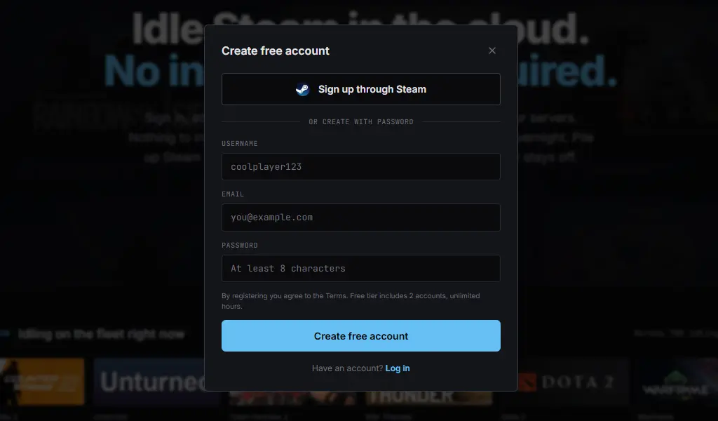 HourIdler registration modal - sign up with username, email, and password
